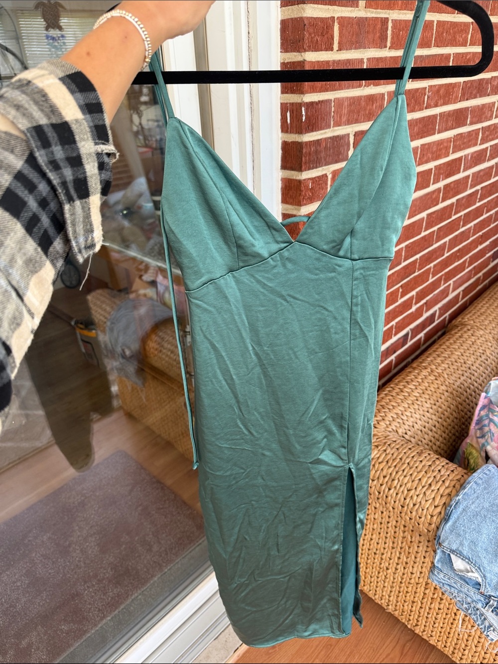 Dark Teal Green Spaghetti-Strap V-Neck Midi Dress